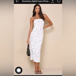 Lulu’s Summery Spirit Ivory Floral Ribbed Strapless Midi Dress NWT